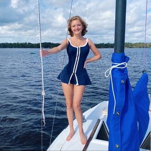 True 50s Rose Marie Reid Navy stripe playsuit.